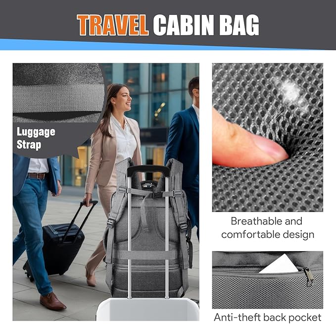 Carry On Backpack, Travel Laptop Backpack, Expandable 40-50L Large Luggage TSA Flight Approved Anti-Theft Laptop Bag, Sturdy 17 Inch TSA Friendly Water Resistant Business Bag for Men, Grey