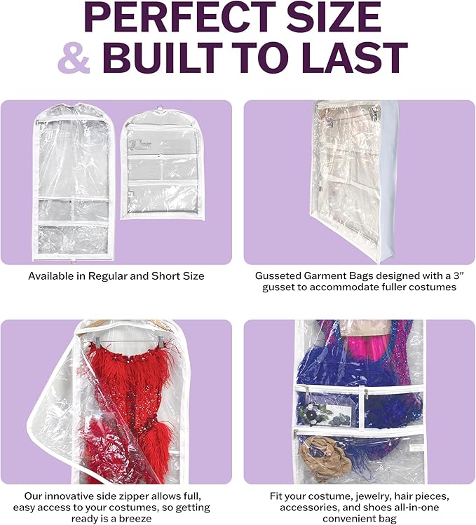 Clear Garment Bags for Dance Costumes 3-Pack, Regular-Size, Side Zipper Entry, Storage Pockets for Shoes & Accessories, Size 37”x18”, Dream Duffel