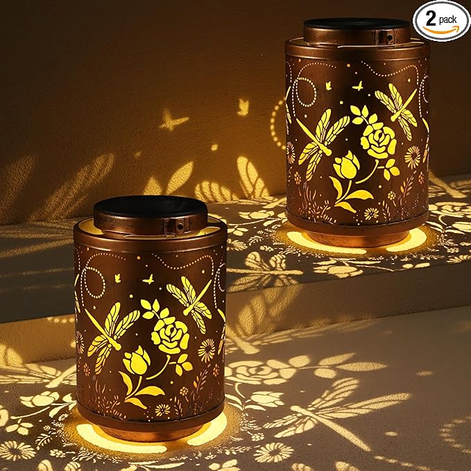 2 Pack Solar Lanterns Garden Decor Birthday Gifts for Women Mon Grandma Metal Hanging Solar Lights Waterproof Outdoor Decoration for Outside LED Lanterns for Yard (Dragonfly)