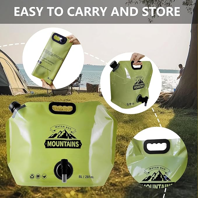 Collapsible 8L Water Storage Bag, BPA-Free Portable Folding Water Jug with Adjustable Faucet, Leakproof Emergency Water Bag for Camping, Hiking, Riding, Outdoor Sport (GREEN, 4)