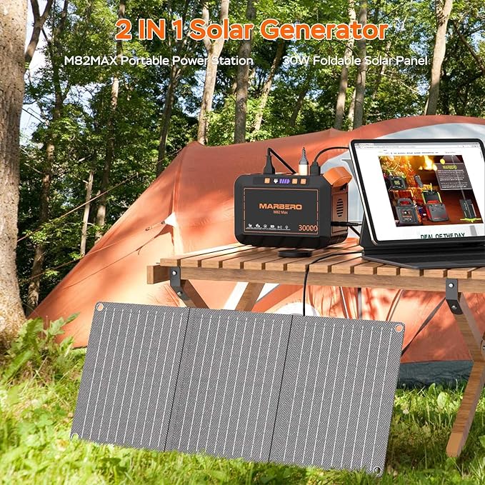 MARBERO Solar Generator 111Wh Portable Power Station with Solar Panel 30W Included Power Bank with AC Outlet 120W Surge for Home Outages Camping Outdoor Adventure Emergency