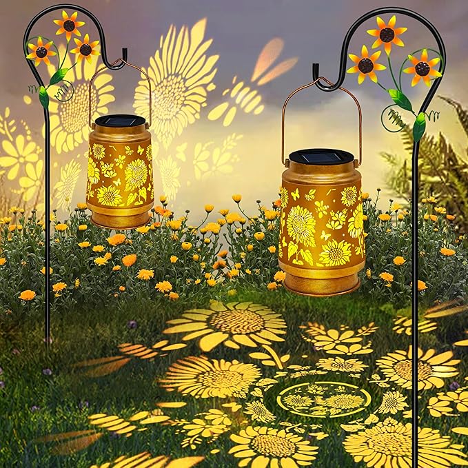 2 Pack Sunflower Hanging Solar Lanterns Outdoor Lights Sunflower Gifts for Women Men Metal Waterproof Decor Garden Lanterns for Yard, Patio, Lawn, Pathway,Porch