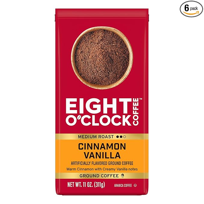 Eight O' Clock Coffee Cinnamon Vanilla, 11 Ounce (Pack of 6), Medium Roast Ground Coffee, 100% Arabica, Creamy, Smooth, Vanilla,