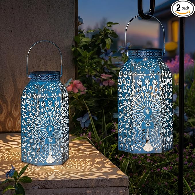 Outdoor Solar Lanterns Waterproof Peacock Garden Gifts Women Mom, Big Solar Lights, Garden Decor, Yard Art, Outside Birthday, Mothers' Day Birthday Gifts Grandma Grandpa(2Pack, Blue Gold