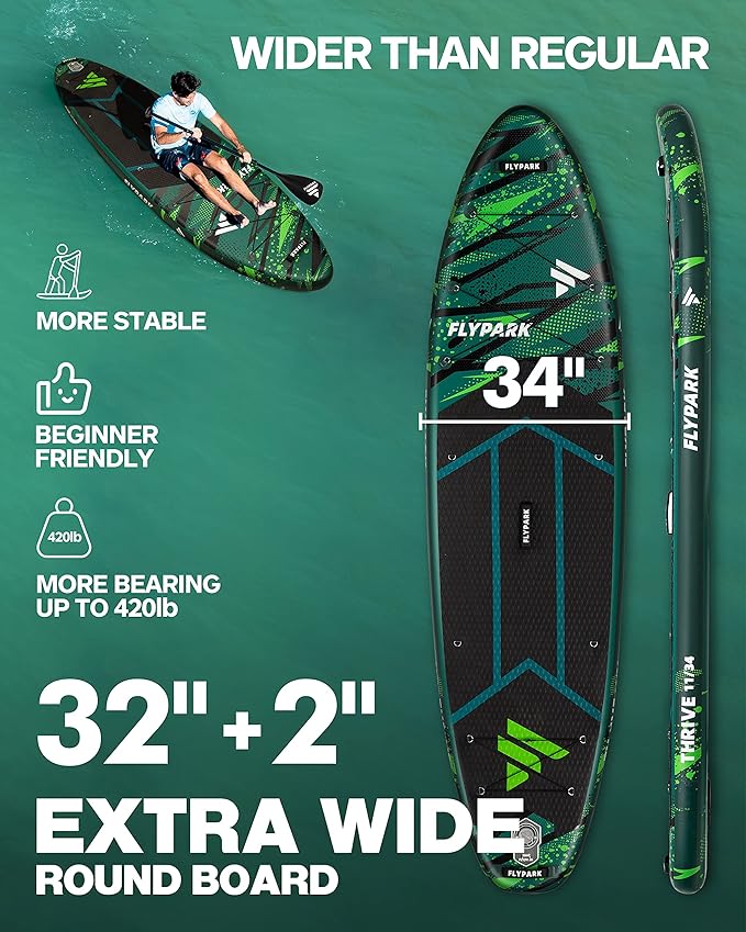 Flypark 11'x34 Inflatable Paddle Boards, Extra Wide SUP for 420lbs/3Adults, Yoga Stand Up Paddle Board, 110L Backpack, 15 D-Rings, Shoulder Strap, US-Fin, 2-Action Pump