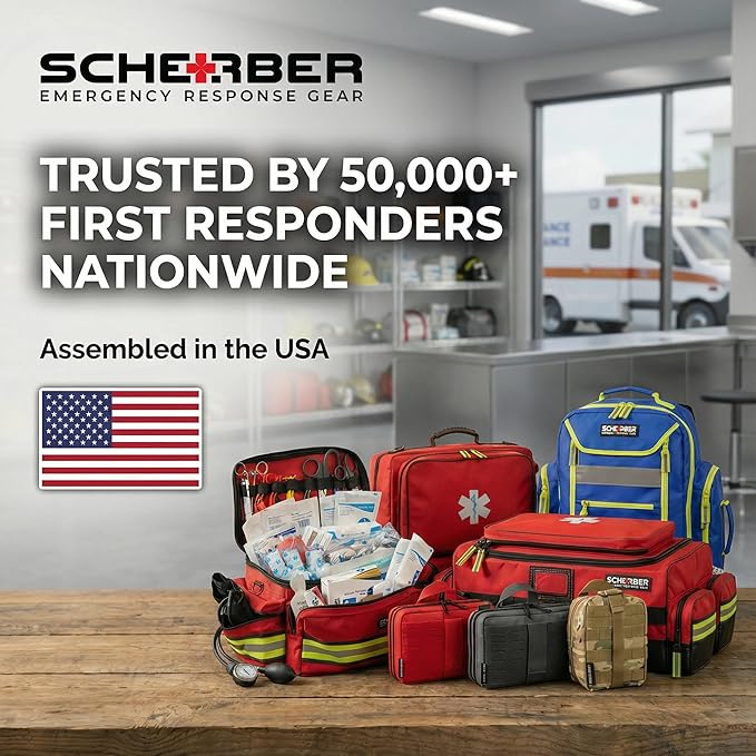 Scherber First Responder Fully-Stocked Professional Essentials EMT/EMS Trauma Kit | HSA/FSA Approved | Reflective Bag w/8 Zippered Pockets & Compartments & 200+ First Aid Supplies - Red