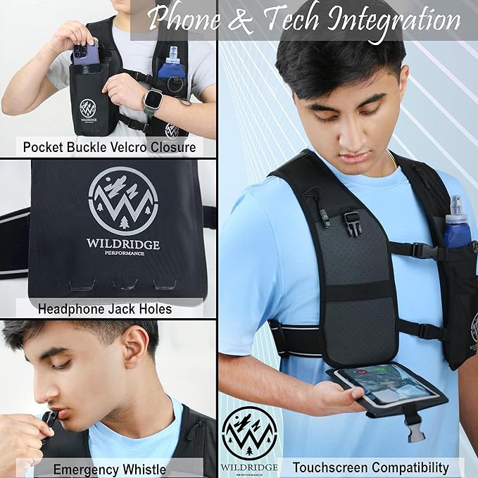 Running Hydration Vest | Mens & WomensRunning Vest | Reflective Vest Running | 7 Pocket Storage with 17oz Flask |Secure Phone Holder | Adjustable Lightweight Black Neoprene.