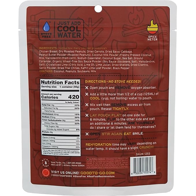 GOOD TO-GO Peanut Chicken Salad - Stove-Free™ (6-Pack of Single Servings) | No Stove Required! Camping & Backpacking Food | Just Add Water Backpacking Meals | Good To-Go Dehydrated Meals Taste Better Than Freeze Dried Food