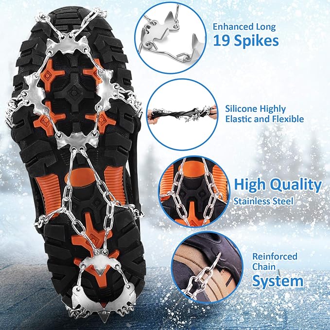 WIN.MAX Crampons for Shoes, Traction Cleats Ice Snow Grips with 19 Stainless Steel Spikes, Shoe Talons Anti - Slip Boots Spikes for Walking, Jogging, Climbing and Hiking
