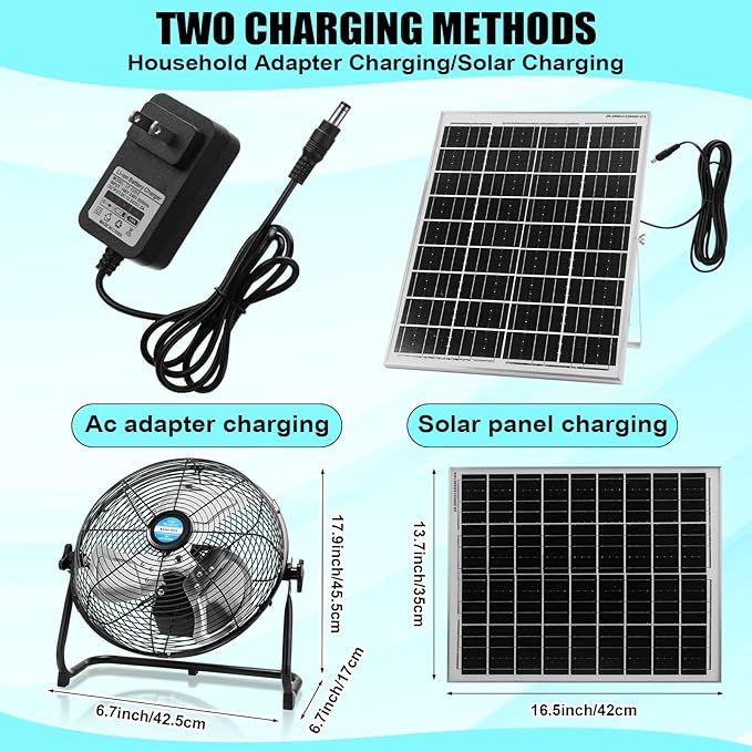 14 Inch Solar Panel Powered Fan, 2 in 1 Solar Panel or AC Charger Powered Fan 12W 9V Portable for Chicken Coop Greenhouse Household Exhaust Camping Travel Outdoor(Black)