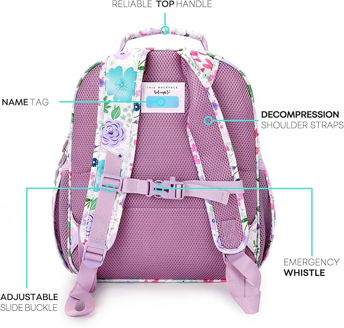 mibasies Toddler Backpack for Girls 2-4: Preschool Kindergarten Backpack - Cute Kids Backpacks for Girls - Flower Light Purple