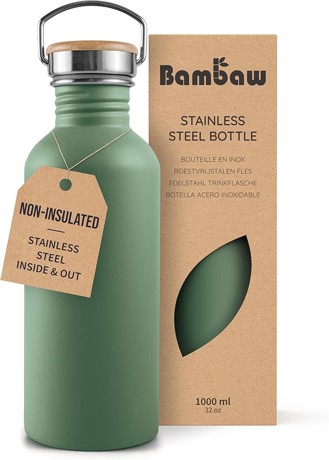 Bambaw Stainless Steel Water Bottle - Non-Insulated, Reusable Metal Sports Bottle, Sage Green/Grey