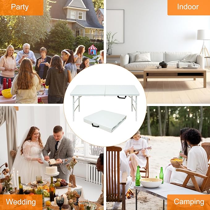 4 FT Folding Table with Carry Handle, Portable Fold-in-Half Plastic Table, Rectangle Foldable Table for Indoor/Outdoor White