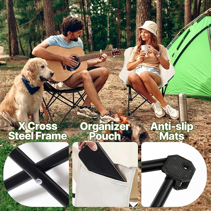 COSY105CMoon Chair Camping Chair Portable Folding Lounge Chair Lightweight Outdoor Recliner 265lbs Capacity Oxford Fabric & Aluminum Frame Includes Carry Bag for Beach Fishing Travel (White)