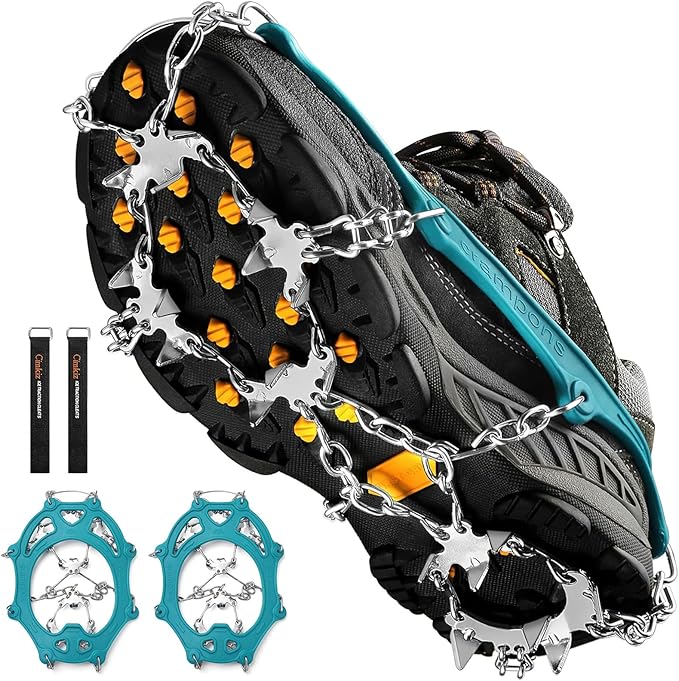 Crampons Ice Cleats Traction Snow Grips for Boots Shoes Women Men Anti Slip 19 Stainless Steel Spikes Safe Protect for Hiking Fishing Walking Climbing Mountaineering