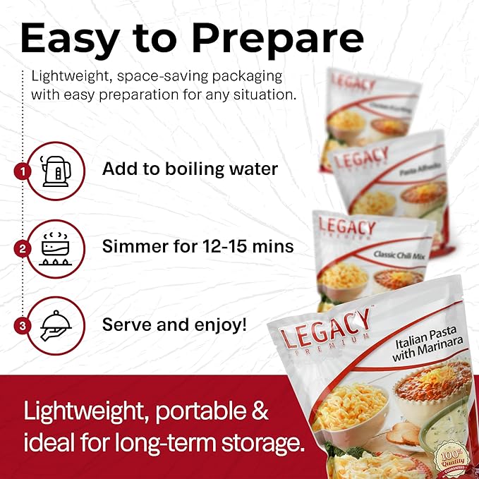 Legacy Food Storage 60 Serving Emergency Food Supply Bucket, 12 Entrees, 23,400 Total Calories, Shelf Stable Lunch & Dinner, Freeze Dried Survival Meals for MRE Camping, Hiking, Prepping