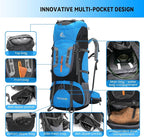 Bseash 80L Waterproof Hiking Camping Backpack with Rain Cover, Lightweight Outdoor Sport Travel Daypack for Climbing Touring (Blue)