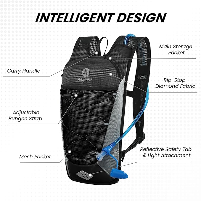 Nepest Hydration Backpack with 2L Water Bladder for Cycling, Water Backpack for Hiking Running, Lightweight Hydration Pack, Grey