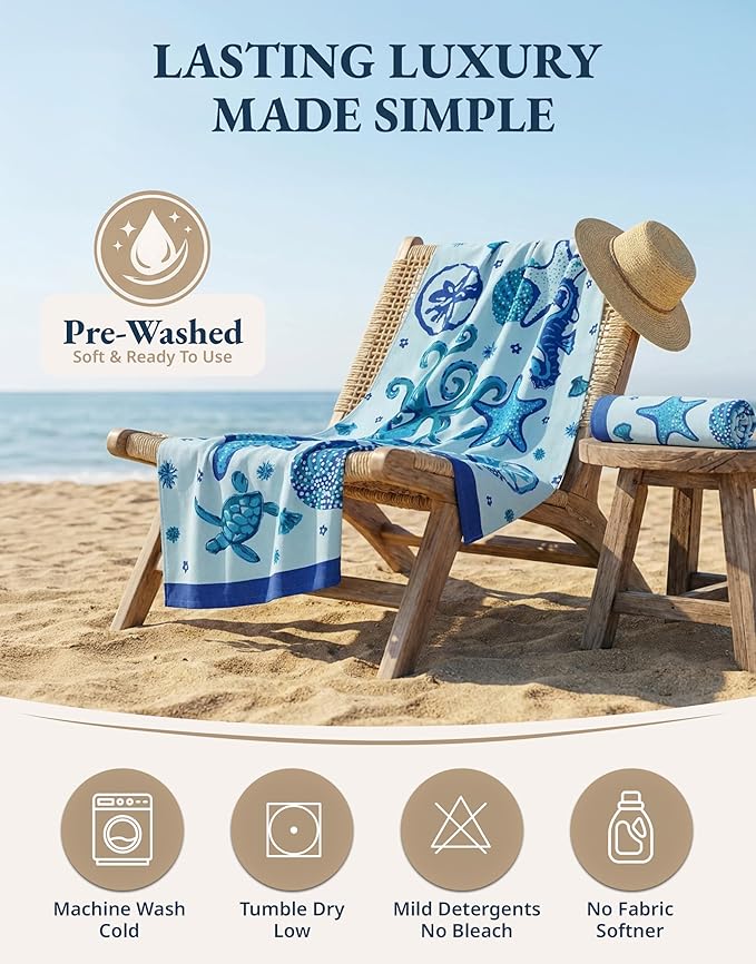 LANE LINEN 2-Pack Oversized Beach Towels, 39"x71" – Quick-Dry, Sandproof & Absorbent – Lightweight Travel Essentials for Pool or Shore – Starfish Serenade
