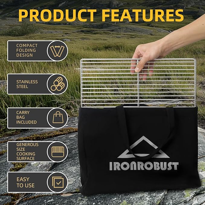 Stainless Steel Campfire Grill - Adjustable Height,360° Rotatable & Foldable Camp Fire Cooking Equipment,Heavy Duty Portable Outdoor Open Flame Grilling Rack for Camping