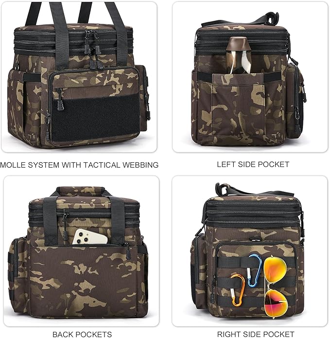 Tactical Lunch Box for Men, Insulated Bag Adult, Thermal Lunchbox Leakproof Waterproof Cooler Bag, Dual Compartment Tote, Large Pail Work Office Camping Travel(Black Camo)