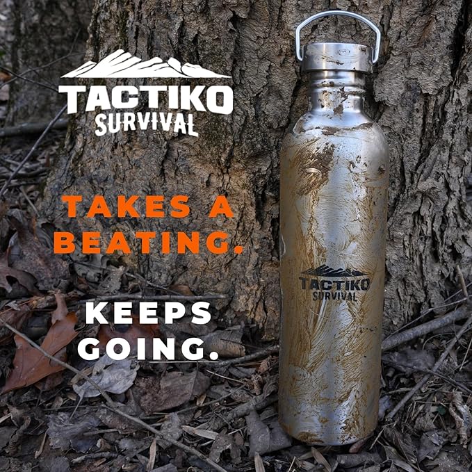 Tactiko Survival Stainless Steel Wide Mouth Water Bottle, Single Wall Boil-Safe, Leakproof, BPA-Free with Carry Sleeve and Strap for Camping, Hiking, Outdoor Prep (Black, 51 oz / 1500 ml)