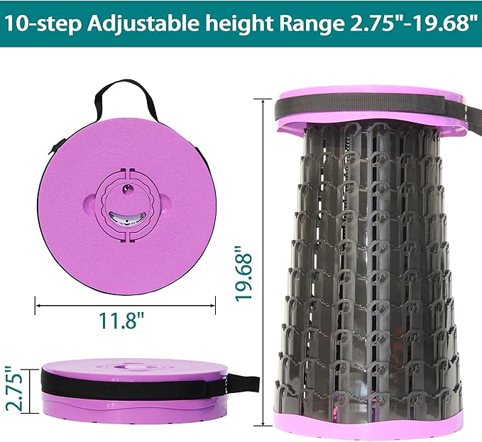 ALEVMOOM Upgraded Portable Collapsible Stool with Cushion,Telescoping Folding Stool for Adults,Yet More Sturdy Camping Stool with Load Capacity 1000lbs,for Outdoor Garden Hiking BBQ