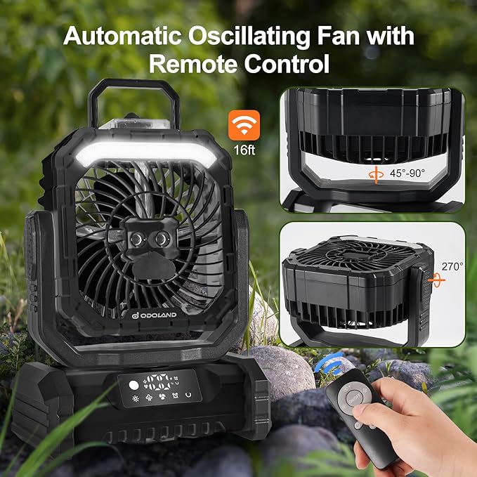 Odoland Portable Misting Fan with Light, 30000mAh Rechargeable Battery Camping Fan with 2 Spray Mister, Outdoors Tent Ventilador with Remote and Hook for Indoor Cooling Hiking Patio, Black
