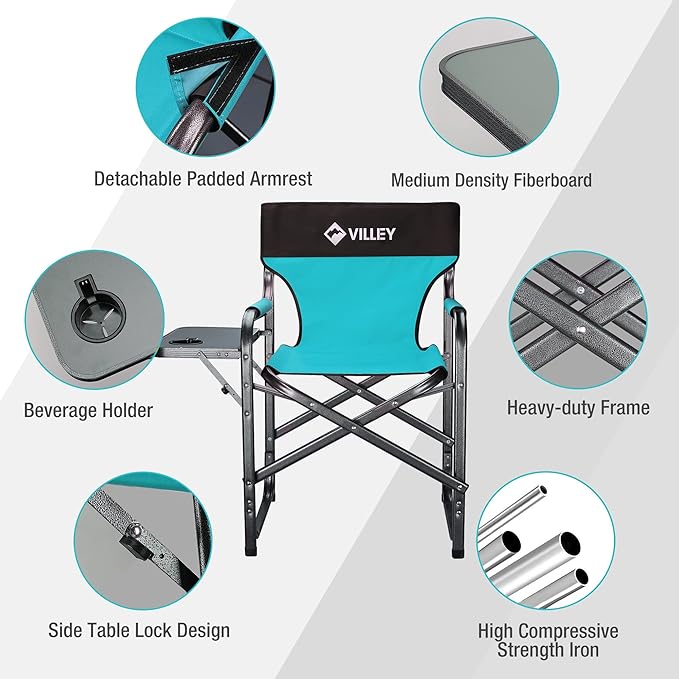 VILLEY Heavy Duty Directors Chair, Folding Camping Chairs, Portable Foldable Chair, for Camp Tailgating Lawn Picnic Fishing Beach, Supports 350 LBS, Blue