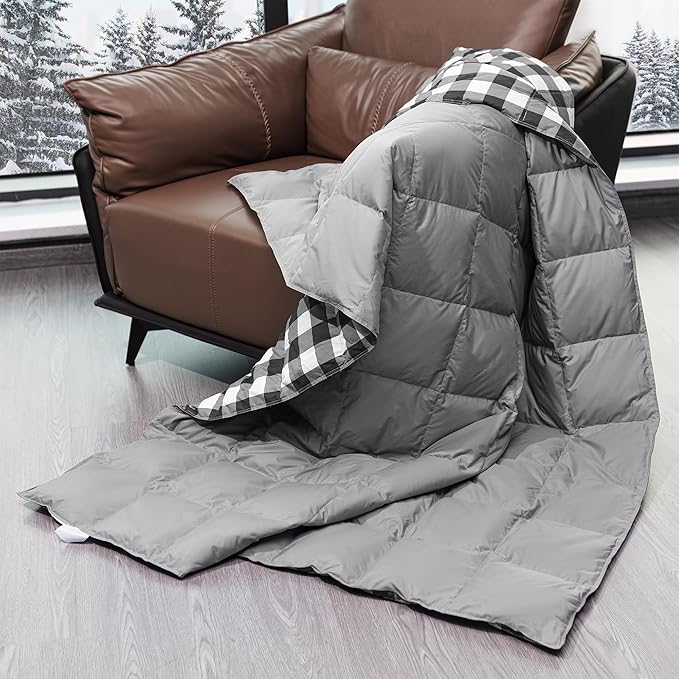 puredown® Checkered Feather Down Throw Blanket Lightweight Packable Buffalo Plaid Throw for Indoor and Outdoor Use, 50"X70", Black and White