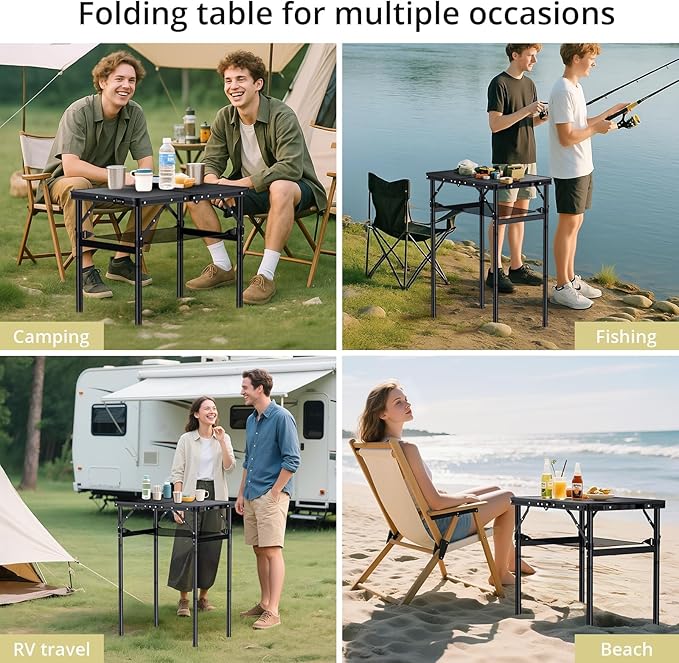 2ft Folding Camping Table with Storage Net, 3 Adjustable Height Max 29.5" Aluminum Small Folding Table, Portable Handle, Lightweight, for Travel Outdoor Beach Picnic Camp, 23.2" x 16", Black