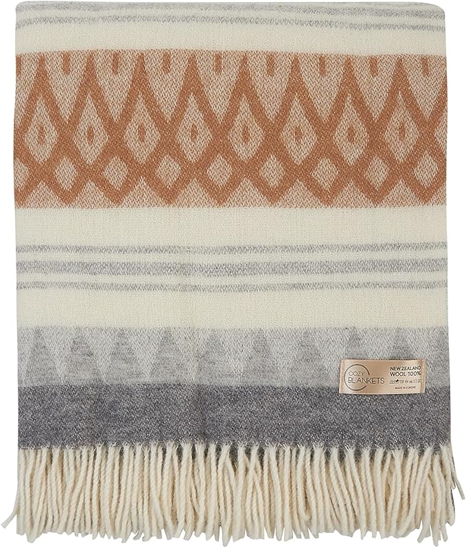 New Zealand Virgin Wool Throw Blanket, Indoor and Outdoor Blankets and Throws, Soft Blanket with Fringes and Pattern
