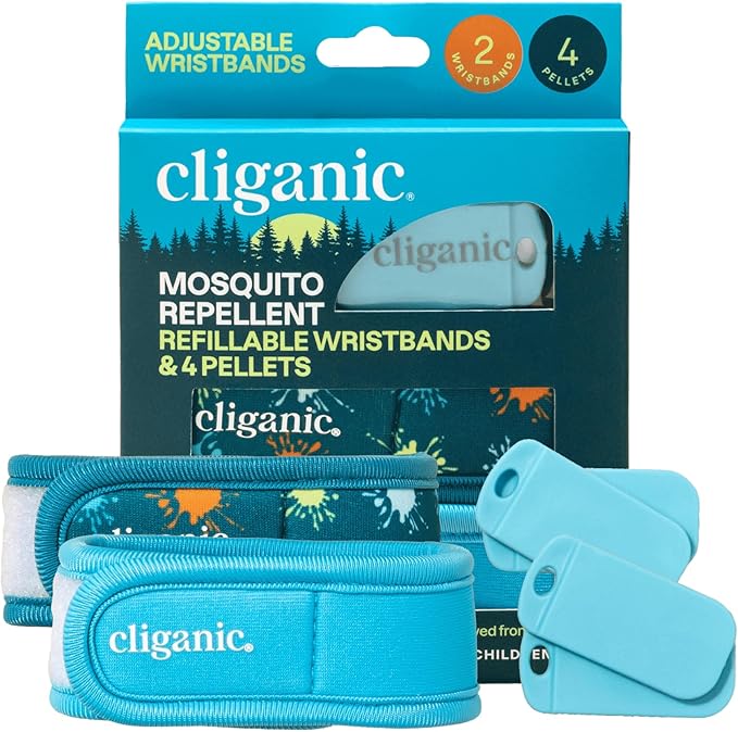 Cliganic Mosquito Repellent Pack (2 Wristbands + 4 Refill Pellets) - Adjustable, Natural DEET-Free, Essential Oil Infused