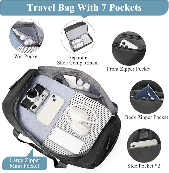 Large Travel Duffle Bag,Carry on Overnight Weekend Bag with Shoes Compartment,Weekender Bags for Women for Travel Business Trips Sport Hospital,3 Pcs Set,Black