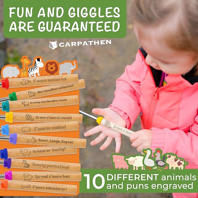 CARPATHEN Marshmallow Roasting Sticks Campfire - Set of 10pcs Smores Sticks With Beautifully Engraved Handles - Perfect as a Gift - Telescoping Stainless Steel Hot Dog Sticks Skewers