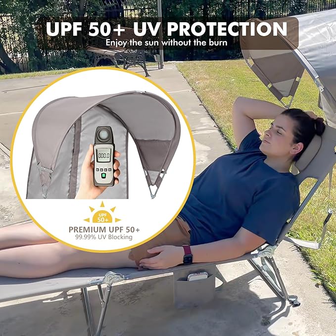 Backpack Beach Tanning Chair with Canopy and Face Hole, 6-Position Folding Lay Out Lounge Chair, UPF 50+ Wind-Resistant Sun Shade, Portable Recliner for Sunbathing, Outside, Poolside, Lawn, Patented