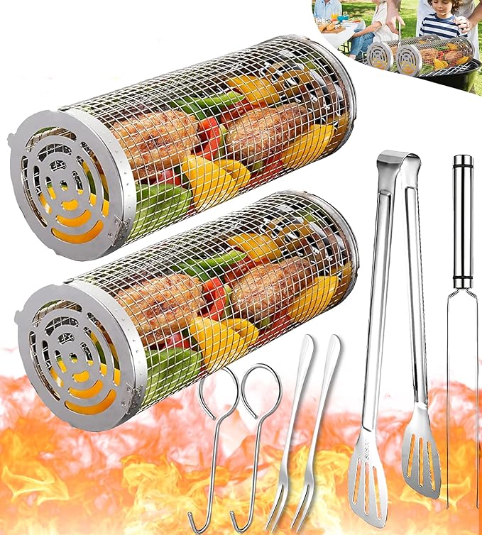 Rolling Grilling Baskets for Outdoor Grill Bbq Tube Net Must Have Large Round Cylinder Cage Mesh Barbecue Essentials Gadgets Cooking Accessories for Picnic Veggies Vegetable Fish Meat, Gift for Men