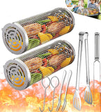 Rolling Grilling Baskets for Outdoor Grill Bbq Tube Net Must Have Large Round Cylinder Cage Mesh Barbecue Essentials Gadgets Cooking Accessories for Picnic Veggies Vegetable Fish Meat, Gift for Men