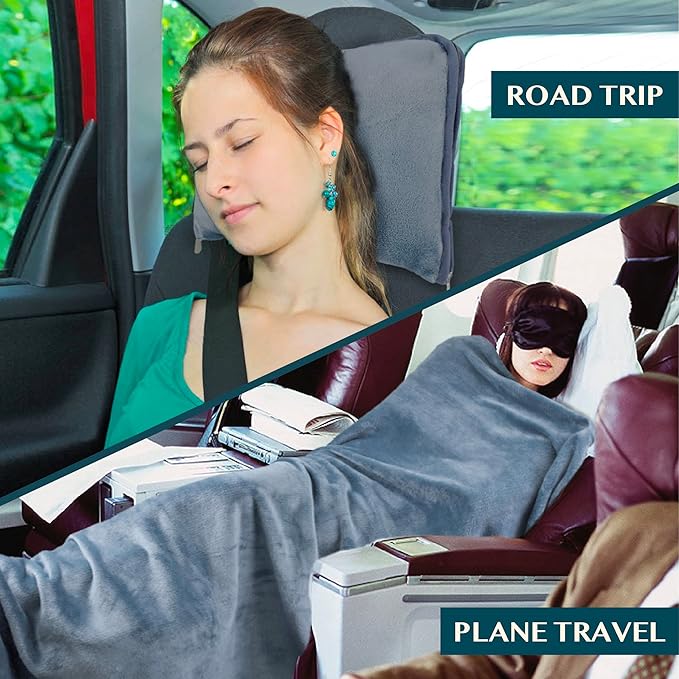 PAVILIA Travel Blanket Pillow, Soft Airplane Blanket 2-IN-1 Combo Set, Plane Blanket Compact Packable, Flight Essentials Car Pillow, Travelers Gift Accessories Luggage Backpack Strap, 60x43 Slate Blue