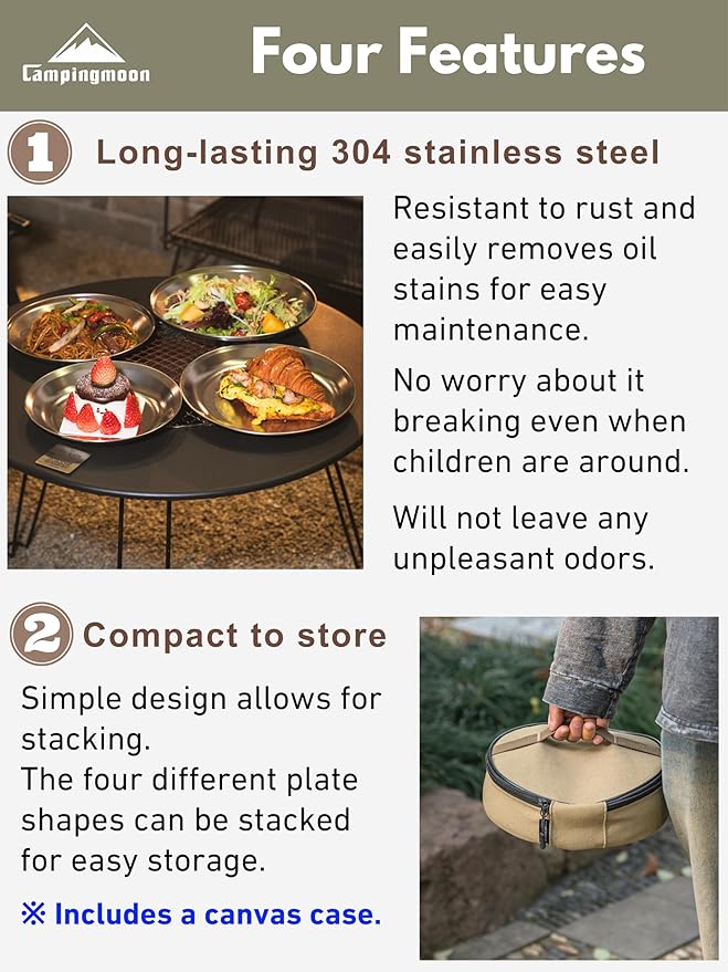CAMPINGMOON Camping Plates 4pcs set Salad Side Dinner Plate Dishes Outdoor Tableware Stainless Steel with Canvas Case S397-1S