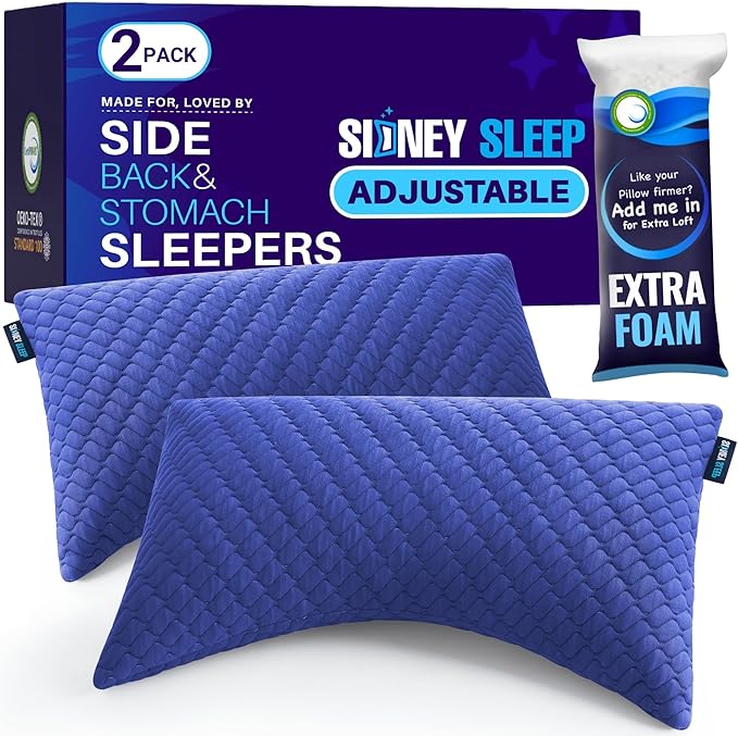 Sidney Sleep Set of 2 Queen Size Bed Pillows for Side and Back Sleepers - Adjustable Filling - Memory Foam Pillows for Neck and Shoulder Pain - Customizable Loft - Extra Foam Included (Blue)
