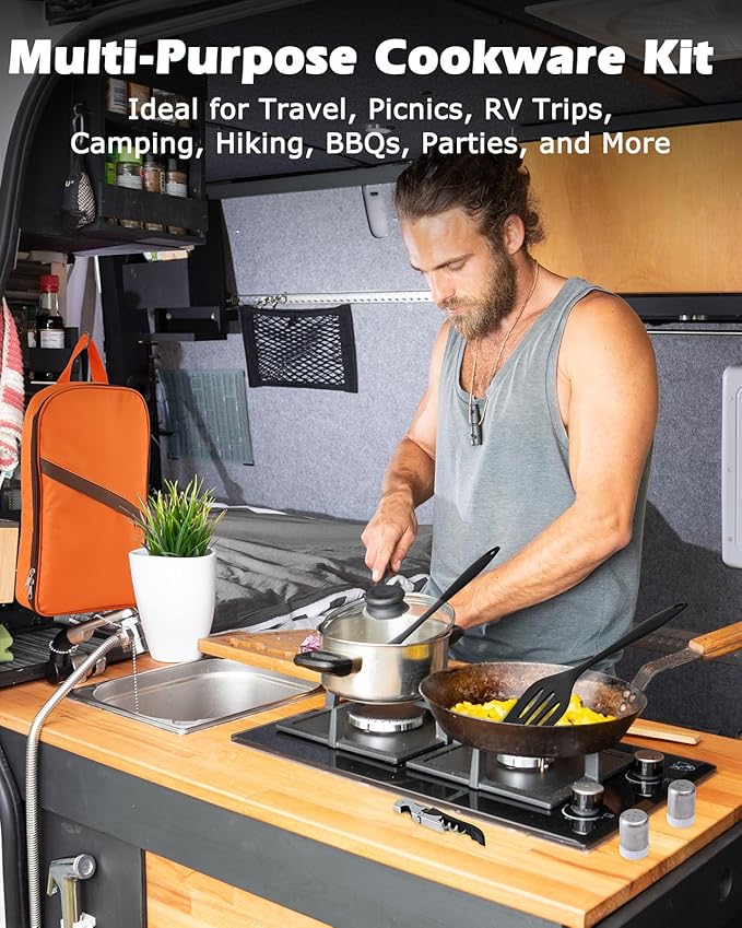 Camping Cooking Set - Camping Utensil Set Car Camping Cooking Essentials Gear for Camp Kitchen Cooking and Grilling, Stainless Steel & Silicone Ideal Gift for RV Tent Camper, Picnics, BBQs