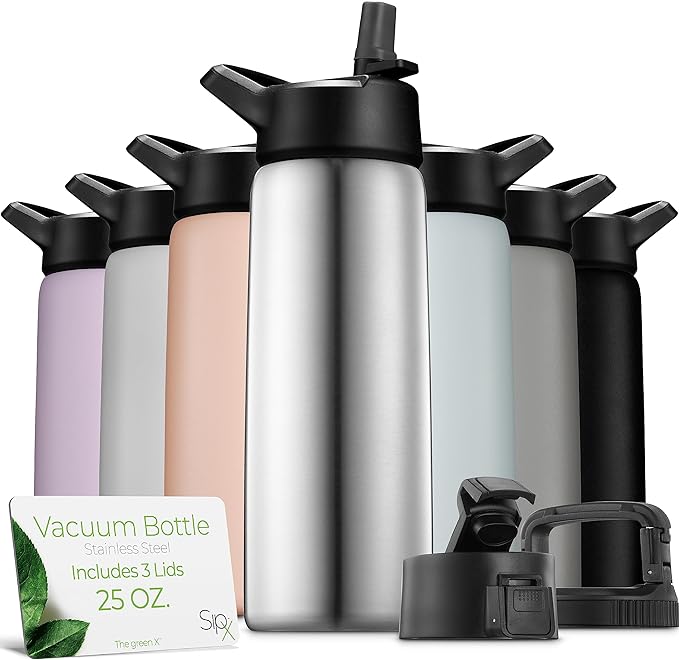SipX™ Triple-Insulated Stainless Steel Water Bottle 25oz. With 3 Lids, BPA-Free Reusable Insulated Water Bottle Keeps Cold 24 Hours, Metal Water Bottle Made Of Sustainable Material For Hiking & Biking
