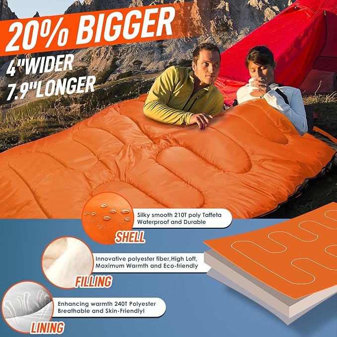 MEREZA Double Sleeping Bag for Adults Mens with Pillow, XL Queen Size Two Person Sleeping Bag for All Season Camping Hiking Backpacking 2 Person Sleeping Bags for Cold Weather & Warm