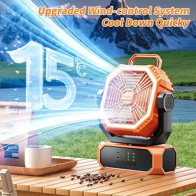 VVU&CCO Portable Fan for Camping with LED Lantern,10000mAh Rechargeable Battery,30H Runtime,USB-C Fast Charging, 3 Speeds - Cordless Desk Fan for Travel Hiking Beach Home Office Tent Desk