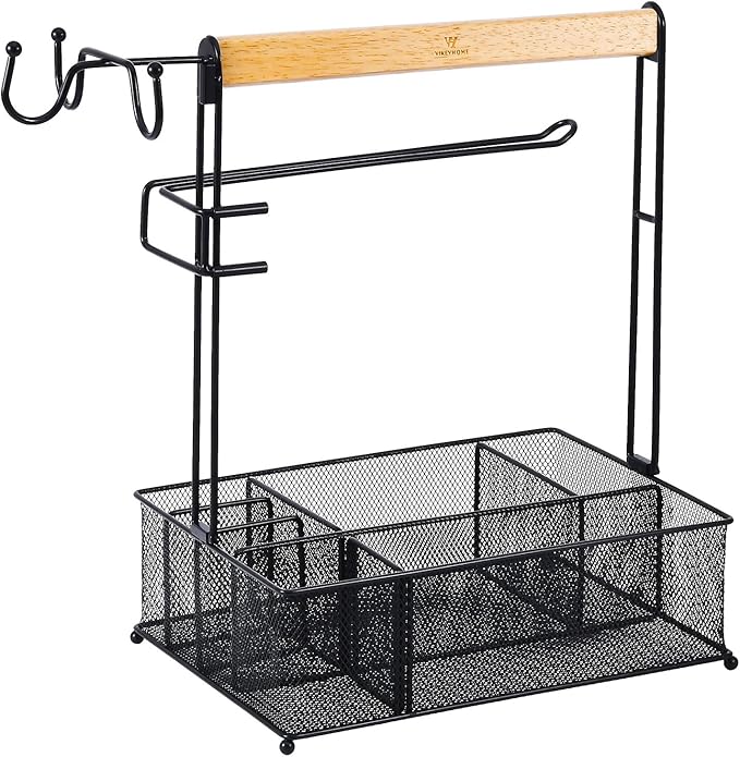 Grill Caddy, Picnic BBQ Organizer for Camping Outdoor Mesh Basket with 3 Hanging Hooks and Paper Towel Holder, Ideal Table Storage Tools for RV Camper/Tailgating/Flatware