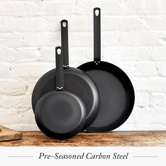 Merten & Storck Pre-Seasoned Carbon Steel 10” Frying Pan Skillet, Use on Induction, Stove and Grill, Durable, Even-Heating, for Searing, Grilling, Oven Use, and Campfire, Indoor/Outdoor