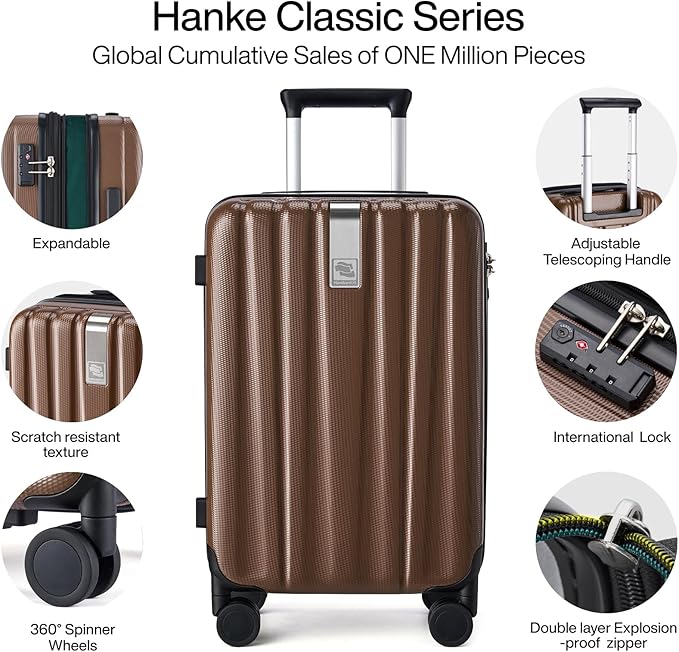 Hanke 24 Inch Expandable Checked Luggage Lightweight PC Hard Case Luggage Suitcases with Wheels TSA Luggage Rolling Large Suitcase Travel Luggage Bag for Go to University(Brown)