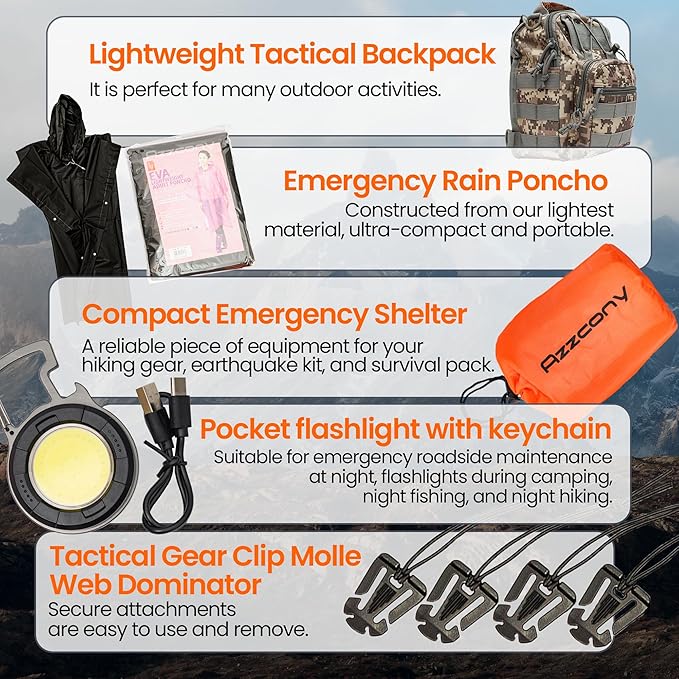 Emergency Survival Kit with First Aid Gears and Supplies - EDC Go Bugout Bag - Get Home Backpack for Camping Outdoor - Tactical Military Molle Pouch Grade - Gift for Man Woman