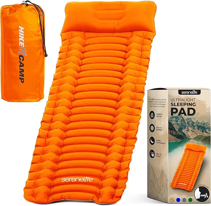 SereneLife Lightweight & Compact Camping Gear – Sleeping Pads & Bags with Built-in Pillows for Outdoor Comfort, Waterproof & Tear-Resistant Design, Perfect for Hiking, Backpacking, Couples & Solo Use
